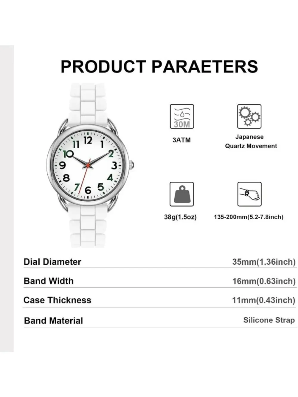 Women's 35MM Big Face Watch - Easy Reader, Waterproof, Silicone Strap